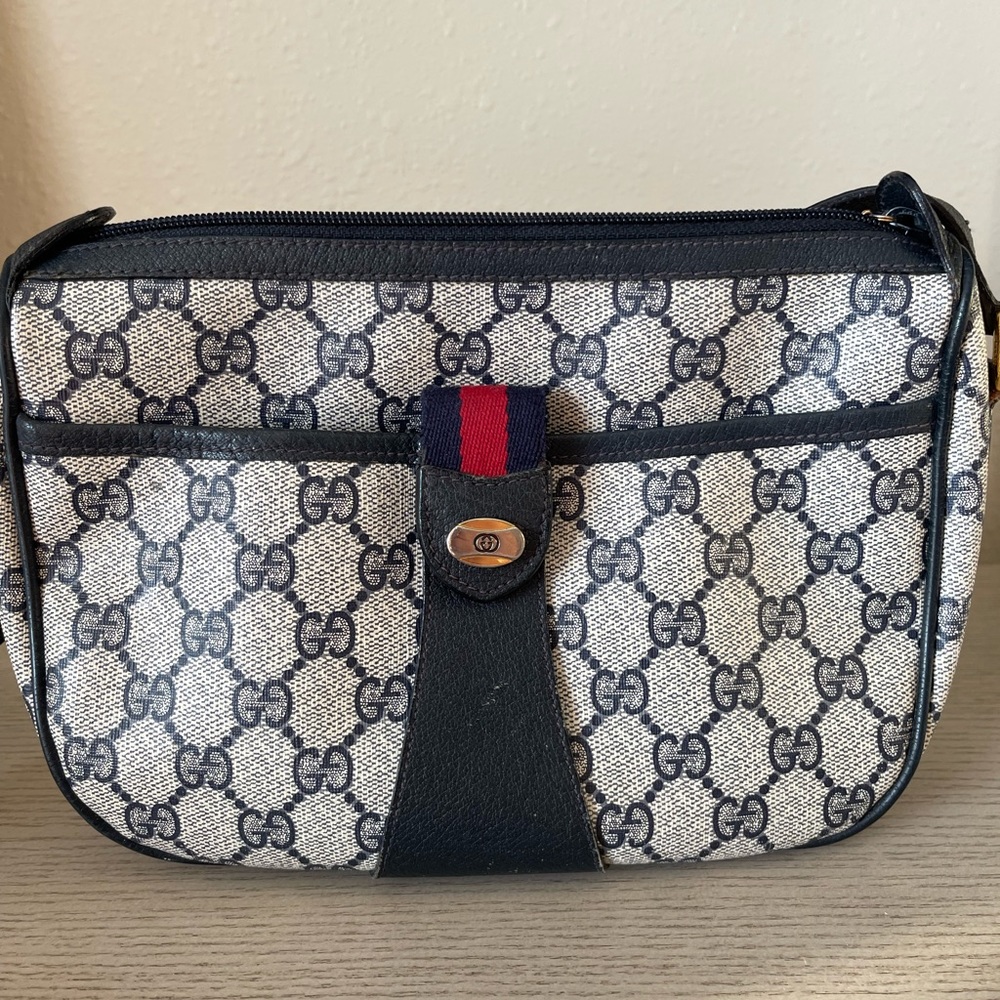 Authentic Vintage Gucci Ophidia Web Monogram Canvas Navy Leather Camera Bag